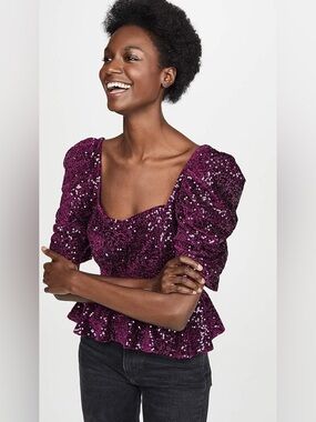 Amanda Uprichard Natasha Peplum Top Sequin Puff Sleeves Sweetheart Neck Purple